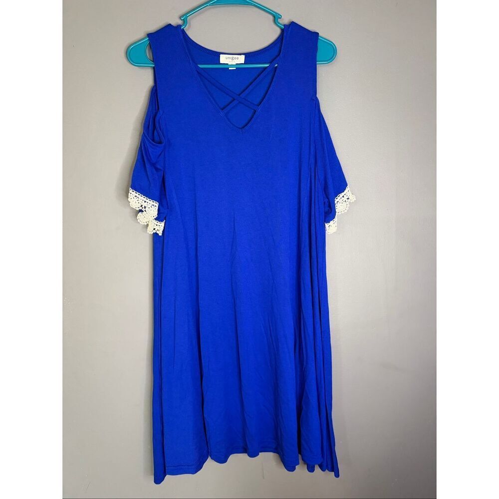 Umgee Blue Cold Shoulder Crochet Trim Detail Dress Size Large